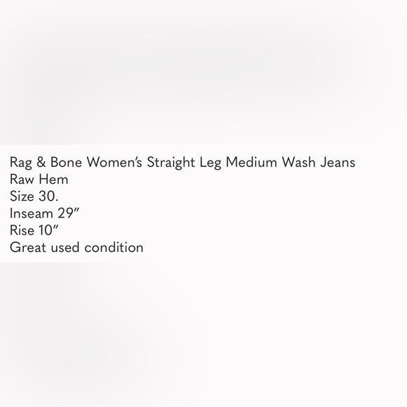 Rag & Bone Women’s Straight Leg Medium Wash Jeans Raw Hem Size 30 - Picture 9 of 9